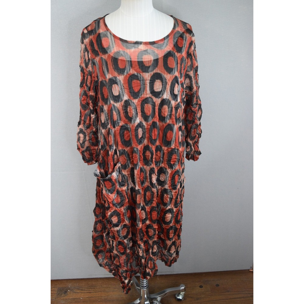 Lisa Bayne Dress Medium? Orange Black Art to Wear Circle Mesh Lagenlook Pockets